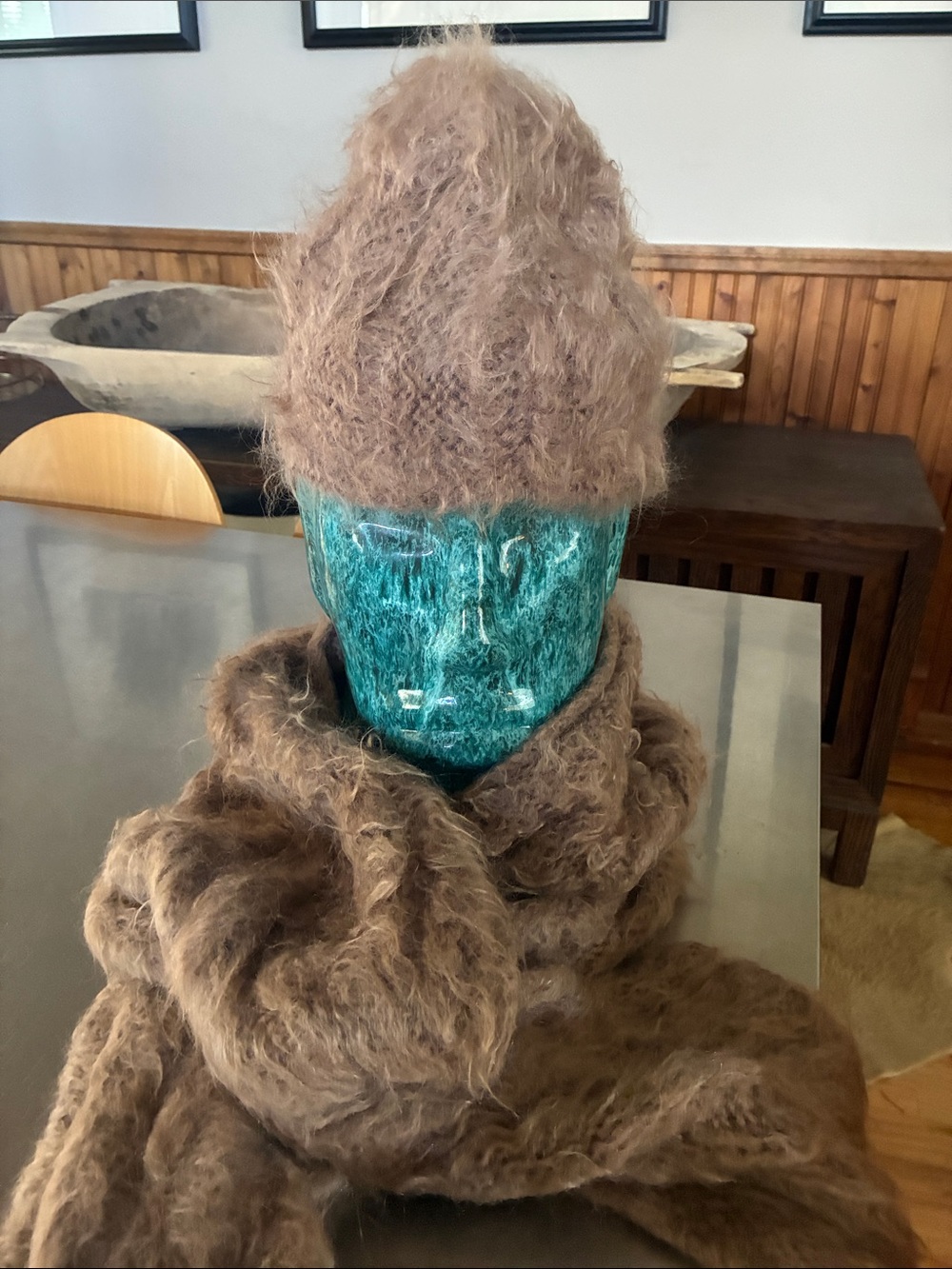 Mohair Ensemble Hat/Scarf Long Fuzzy Mohair Shoulder Shawl Tan Mohair Wrap/Hat